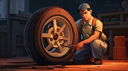 With careful attention to detail, a mechanic focuses on aligning and balancing the wheels of a car, guaranteeing a comfortable and stable driving experience for the vehicle's owner. Generated by AI.