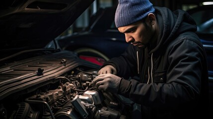 Mechanic inspects and replaces the car's spark plugs, fine-tuning the ignition system to guarantee reliable starting and enhanced fuel efficiency. Generated by AI.