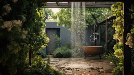 Peaceful and soothing rain shower that graces a garden, enveloping the surroundings in a misty veil. Generated by AI