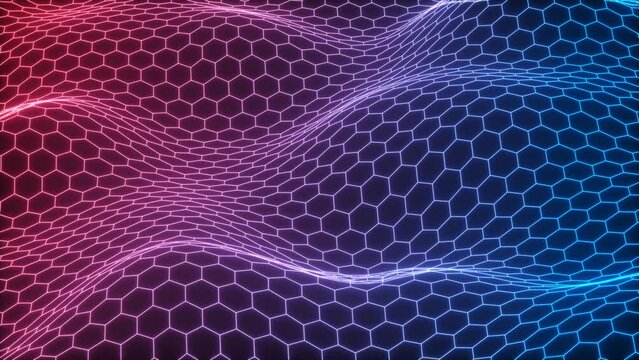 Glowing hexagonal grid neon motion video, 3d rendering.