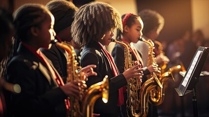 Students come together to practice their musical instruments, uniting their talents in a school band to create enchanting melodies that resonate throughout the campus. Generated by AI.