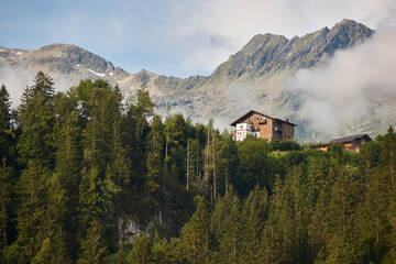Fototapeta na wymiar Forest and mountain landscape in Tyrol region. Hohe Tauern. Austria