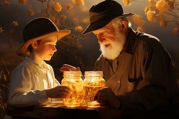 Fotobehang elderly beekeeper mentoring a young child, both holding honey jars, symbolizing the passing down of knowledge and tradition  © Tania