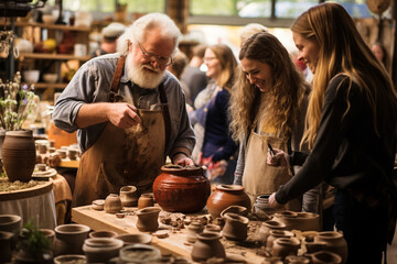 craft fair scene featuring a potter shaping a honey jar while explaining the process to intrigued onlookers 