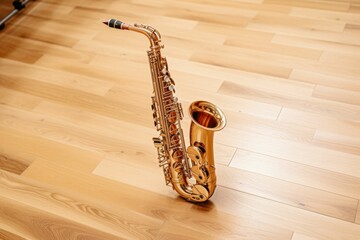 saxophone on a wooden background. Generative AI