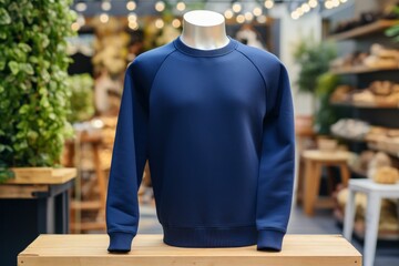 A headless mannequin wearing navy hoodie unisex to be used for a mock up, floating in front of luxury clothing store background Generative AI - obrazy, fototapety, plakaty