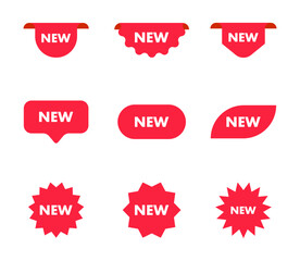 Collection of vector red labels for new product. Shop tags set.