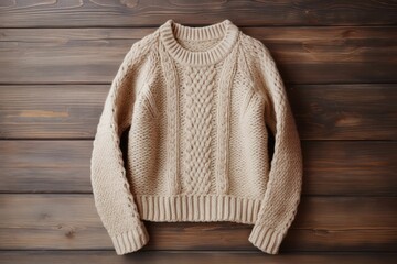 A knitted sweater with a beautiful ornament on a wooden table. Top view. Generative AI