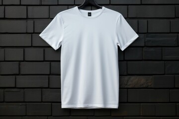 A stylish white T-shirt is set against a Black stone wall texture. Generative AI