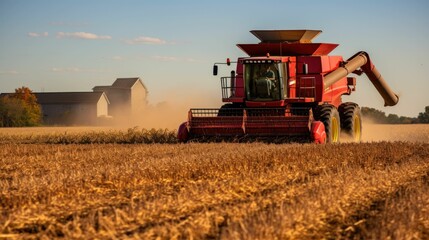 Fototapeta premium A traditional American farm with an old tractor. In the fall, during the harvest season. Pumpkins are ripening in the field. A light sunset in the background. Generative AI