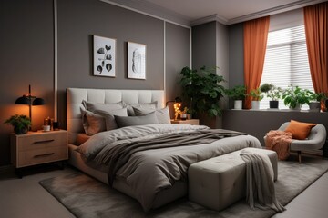 bedroom interior with a large comfortable bed. Eclectic style. Generative AI