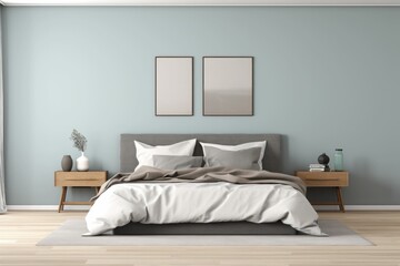 bedroom interior with a large comfortable bed. Minimalist style. Generative AI