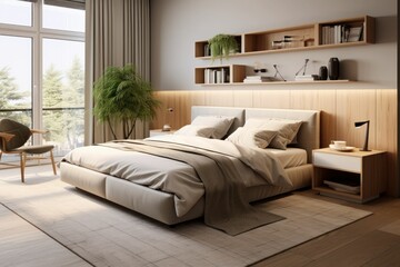 bedroom interior with a large comfortable bed. Eclectic style. Generative AI