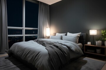 bedroom interior with a large comfortable bed, Front view. Black Minimalist style. Generative AI
