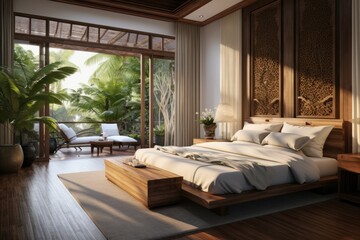 bedroom interior with Asian Zen interior design. Generative AI
