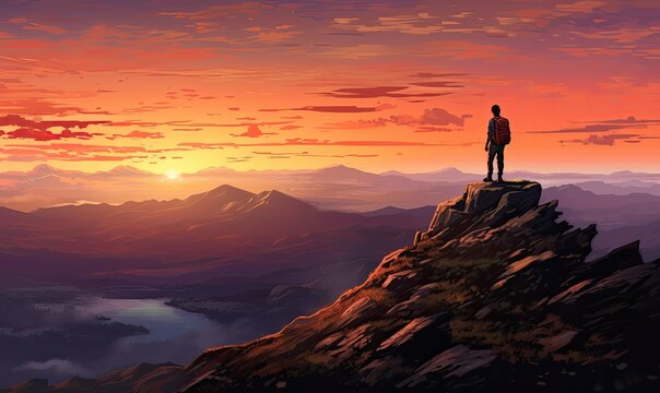 A man standing on a mountain peak, basking in the beautiful sunset
