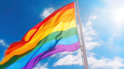 Rainbow gay flag on blue sky background. Rainbow gay flag. Generative Ai