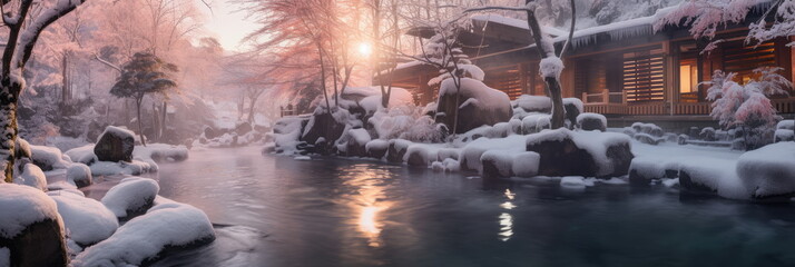 Onsen ryokan or a traditional classic modern Japanese house with Japanese garden in wintertime. Wide format. Generative AI.
 - obrazy, fototapety, plakaty