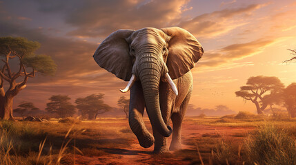 Fototapeta na wymiar Elephant on the savanna under the morning sun. Generative AI