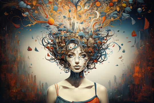 Woman with creative mind, exploding brain full of ideas and imagination, dreams and emotion, inner world and spirituality, generative AI