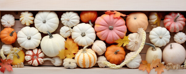 A Whitewashed Wooden Crate Filled with HarvestRipe Pumpkins Granny Smith Apples and SunKissed Cornstalks Against a Gradient of Colorful. Halloween art