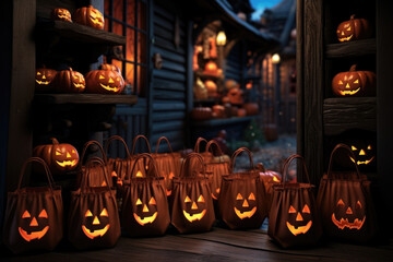 A Haunted House with TrickorTreat Bags of CandyFilled Pumpkins. Halloween art
