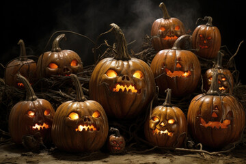 A gourd graveyard of flickering jackolanterns. Halloween art