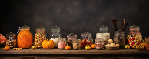 Fototapeta na wymiar Rustic Kitchen Countertop Piled with PumpkinShaped Cookie Jars and Bowls of Candy Corn. Halloween art