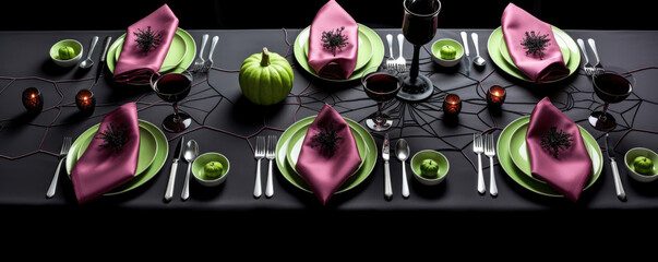 Alluring tablescape of magenta tablecloth jagged edged pumpkin plates eerie black candle holders and mysterious spiderweb napkins. Halloween art