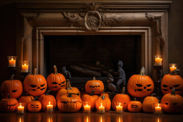 JackOLanterns and Pumpkin Spice Candles Surrounding an Old Fireplace. Halloween art