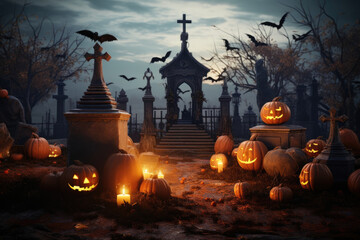 Spooky Cemetery with a Witchy Pumpkin Booth Overlooking the Graves. Halloween art
