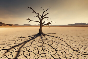 dessert tree on a dry cracked lake bed under a sunny sky | climate change
