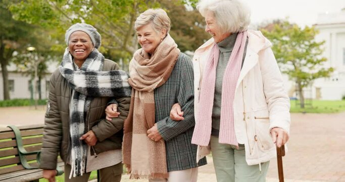 Senior, conversation and retirement with friends in park for relax, happy and health. Elderly, happiness and social with group of old women walking in nature for wellness, support and peace together
