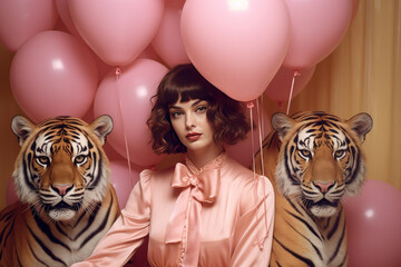 Beautiful women posing with her tiger pets. Magazine, fashion, tropic, party, pets. AI generative, Illustration.