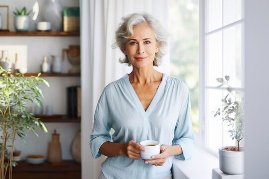 AI generated image of mature senior woman with coffee in home