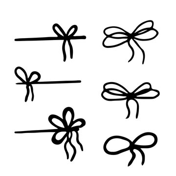 Set bow tie, present decoration, package silhouette in doodle style isolated on white. Collection knots