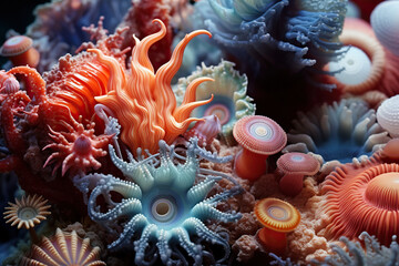 Macro sea corals reef, ocean seaweed,  undersea animals. Closeup underwater life, aquarium wildlife, tropical water nature beauty