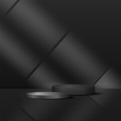 realistic 3D black and silver podium on black background with light.