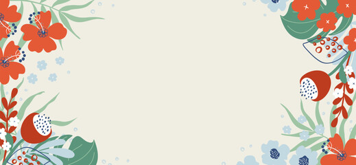 Exotic naive art plant composition with text space, beautiful floral frame.  Summer background with tropical flowers and leaves. Hand drawn flat style colorful vector illustration.