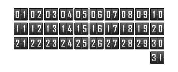 set of numbers from 1 to 31 on the cells of a mechanical tableau for a calendar or competition.