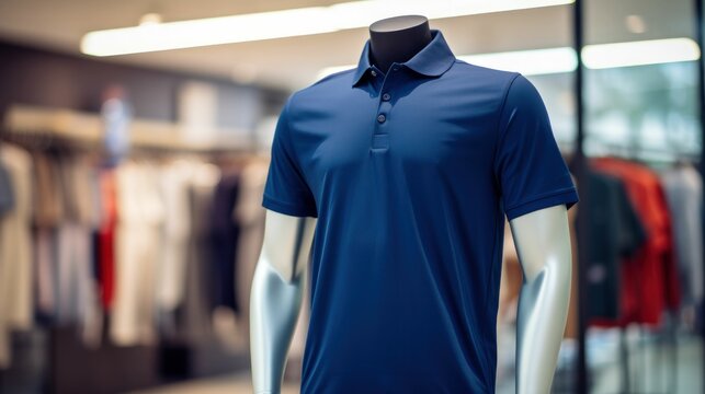 Dark blue polo shirt worn on a mannequin in a minimalist style, with a clothing store background. Generative AI