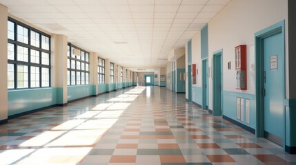 Empty school corridor with line up lockers Generative AI