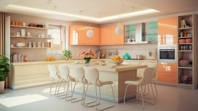 elegant contemporary kitchen room interior in bright colors. natural bright lighting. Generative AI