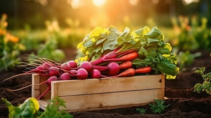Fresh vegetables, peas, radish, tomato, carrot, beetroot on ground on farm at sunset. Freshly bunch harvest. Healthy organic food, agriculture, top view. Generative AI - Powered by Adobe