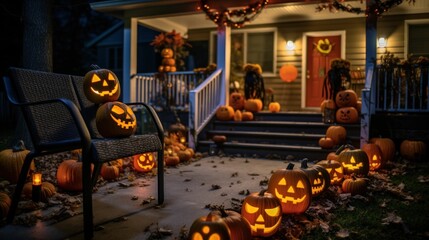 Naklejka premium front porch halloween decor after dark. Halloween evening. Generative AI