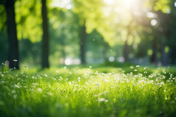 Defocused green trees in forest or park with wild grass and sun beams. Beautiful summer spring natural background 