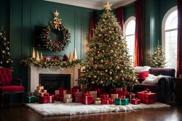 Big Christmas tree decorated in a room and gifts under it.