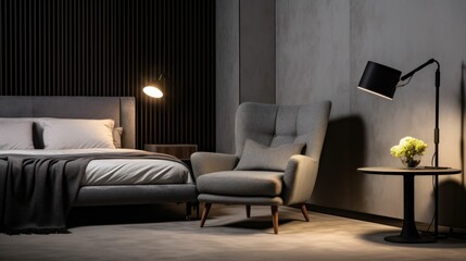 Grey armchair and stool near bed with headboard in bedroom interior with black lamp. Generative AI