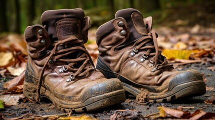 Hikers muddy boots in a ground. Generative AI