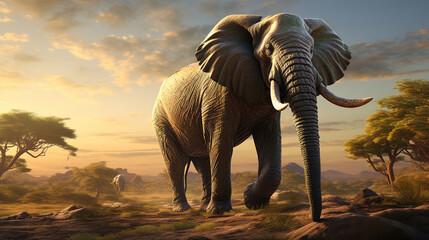 Fototapeta na wymiar Elephant on the savanna under the morning sun. Generative AI